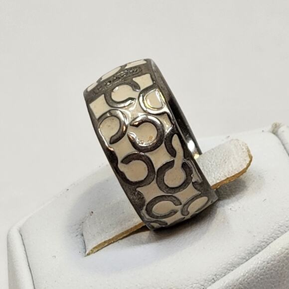 Coach Miranda White Enamel Silver Tone Logo Ring Band Size 7 Designer Jewelry - Picture 2 of 8